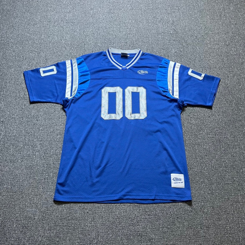 Vintage Bud Light Football Jersey XL Blue Silver Mesh Beer Promo Gameday Tee